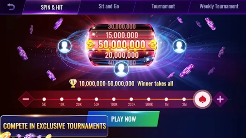 Các chế độ chơi Cash games, Sit & Go và Tournament trong Mega Hit Poker.