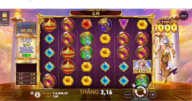 Giao diện slot game với tính năng vòng quay miễn phí.