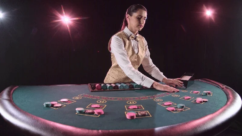 Một dealer đang chia hạt và sử dụng que đếm trong trò chơi Fantan Casino tại sòng bạc.