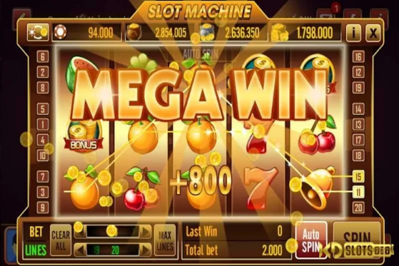 Giao diện trò chơi slot game với 5 reels và các biểu tượng quay.