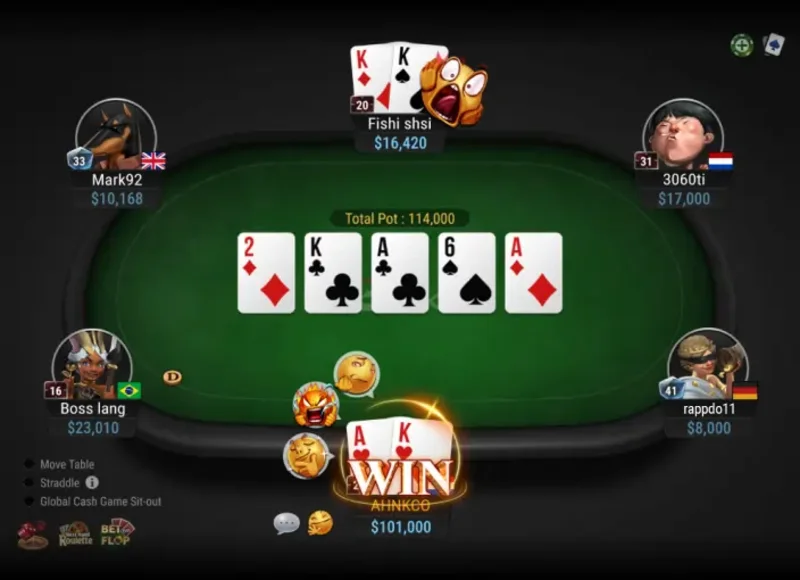 Một bàn poker trực tuyến với các người chơi ở nhiều mức cược khác nhau.