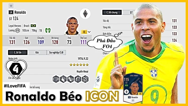 Ronaldo béo trong FO4 với chỉ số tốc độ cao và khả năng dứt điểm xuất sắc.