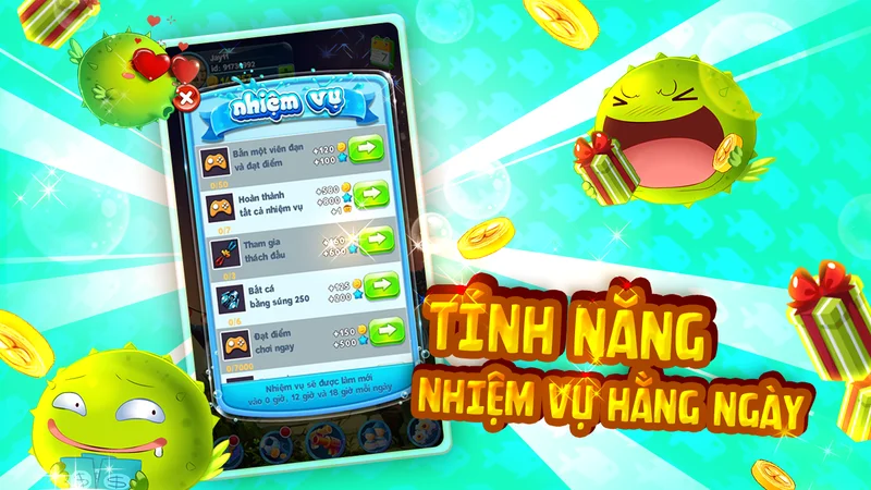 Hình ảnh nhiệm vụ hàng ngày và phần thưởng trong game bắn cá.